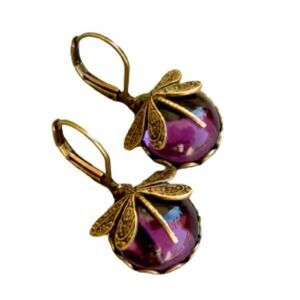 Whimsical Dragonfly Vintage-Style Purple Glass Drop Earrings Unisex Gift-Ready